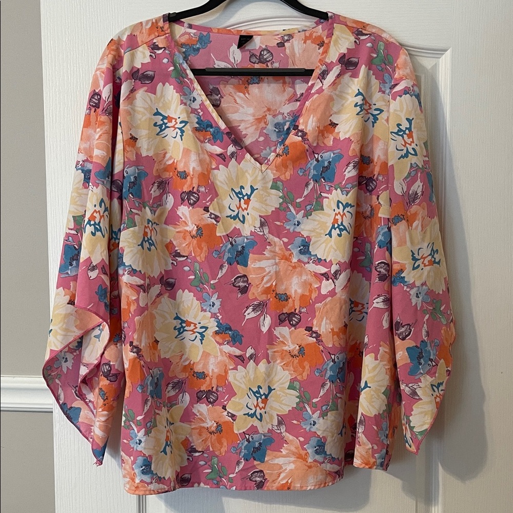 SHEIN Floral V-Neck Blouse - Pink and Orange